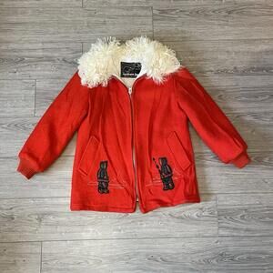 Vintage Women's Northern Sun Embroidered Virgin Wool Red Jacket Coat Small